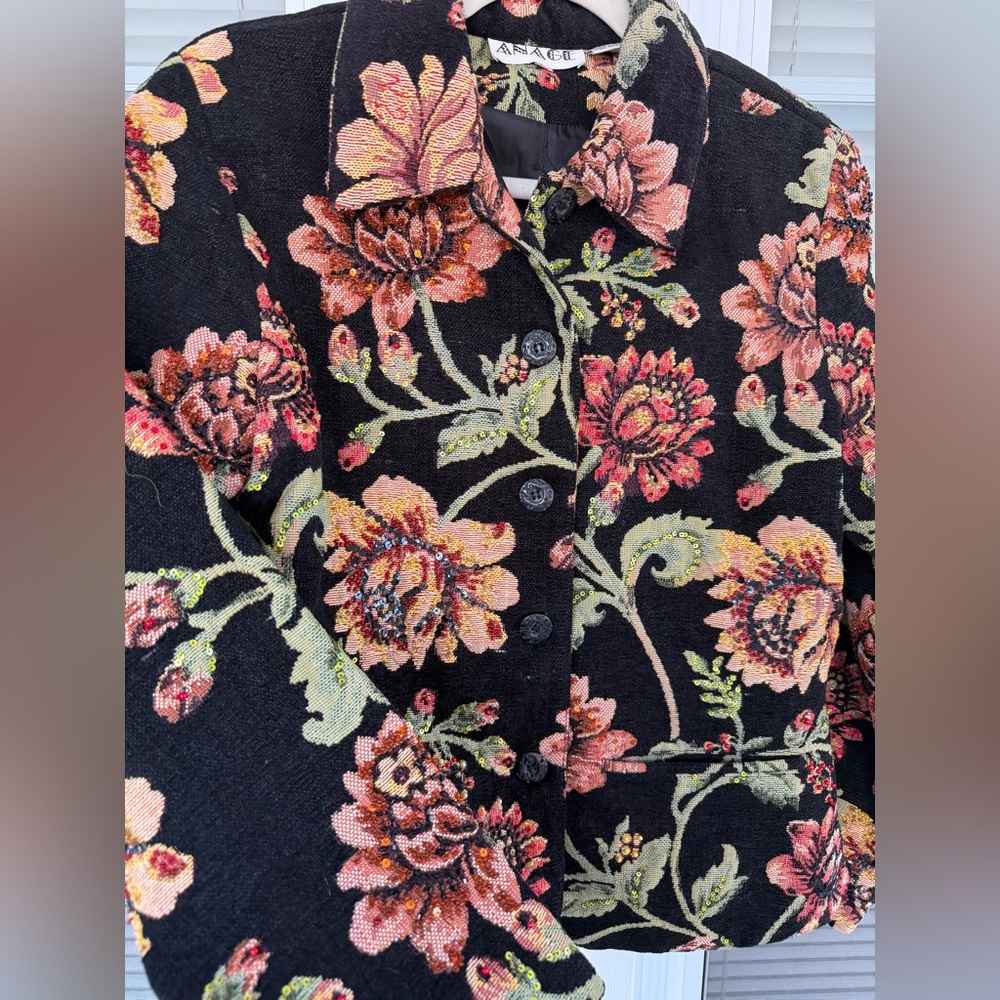 Anage Womens Floral Tapestry Jacket Black Multicolor Cotton - Picture 3 of 7